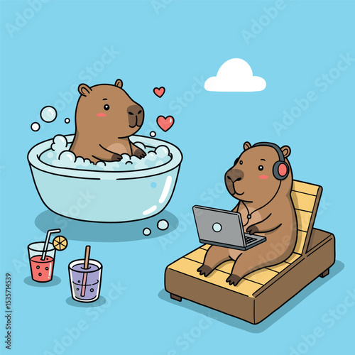 Cartoon capybara illustrations in relaxing poses, such as soaking in hot water with bubbles, working on a laptop with headphones