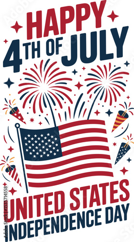 Happy 4th of July Fireworks Celebration Poster, United States Independence Day Banner Design, USA Flag and Stars Festive Greeting Card.