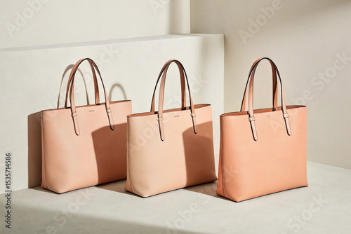 Three identical light peach-colored tote bags