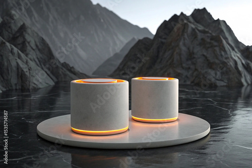 Two cylindrical, light gray objects are centered on a dark, reflective surface