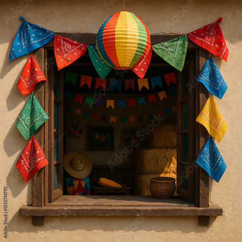 Janela decorada com lenços coloridos, balão junino e bandeirinhas, em ambiente rústico com fardos de palha e elementos típicos de festa junina.