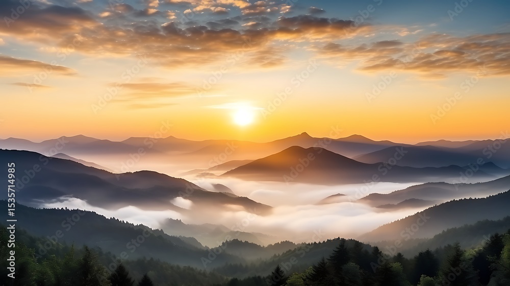 Obraz premium A serene mountain sunrise, the sky softly transitioning from lavender to pale gold, Carpathian peaks in silhouette, faint layers of mist lingering in the valleys, a calm and peaceful scene.