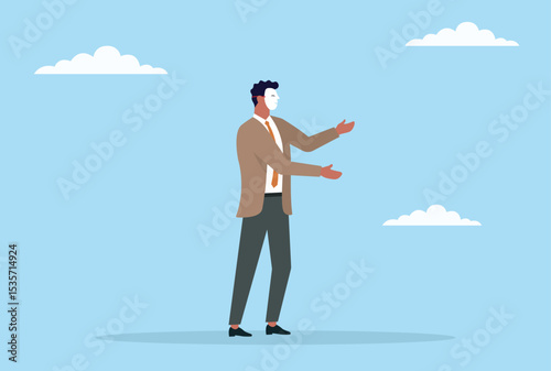 Vector illustration of a businessman standing while wearing a scam mask, representing dishonesty, deception, and the hidden dangers of fraud in the corporate world
