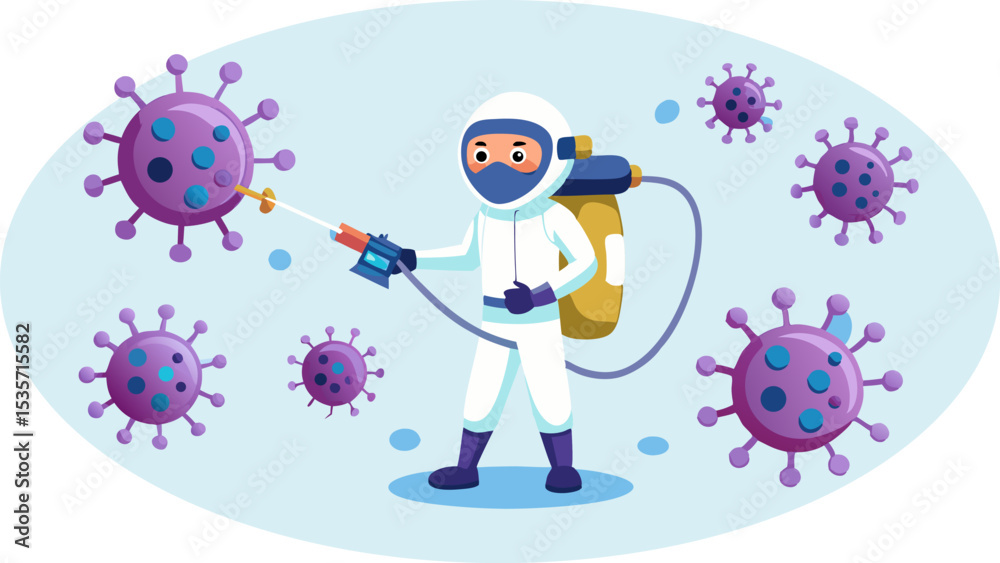 Naklejka premium Disinfecting Virus Outbreak Illustration A Hazmat Suit Worker Sprays Disinfectant Over Coronavirus Germs in a Public Space to Eliminate Threat