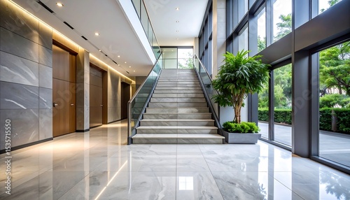Modern lobby with marble flooring and glass stairs