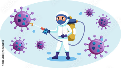 Disinfecting Virus Outbreak Illustration A Hazmat Suit Worker Sprays Disinfectant Over Coronavirus Germs in a Public Space to Eliminate Threat