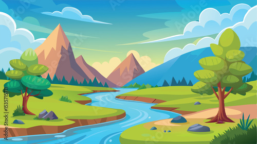 Cartoon River Landscape with Mountains, Trees, and Sky in Bright Colors Illustration