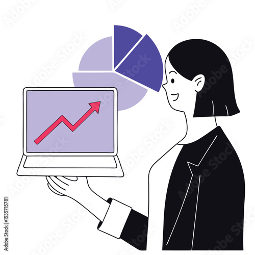 Smiling girl presents laptop showing positive trend alongside an analytical pie chart figure