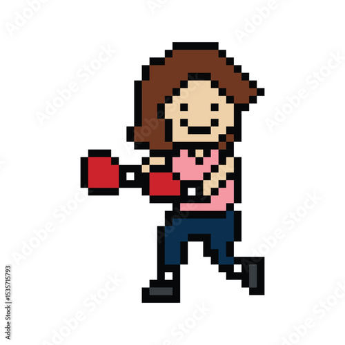 Cartoon cute pixel character woman exercises training boxing pugilism punch lifestyle decor life style 8 bit female lady boxing fisticuffs gym game 8bit fitness isolated PNG vector.