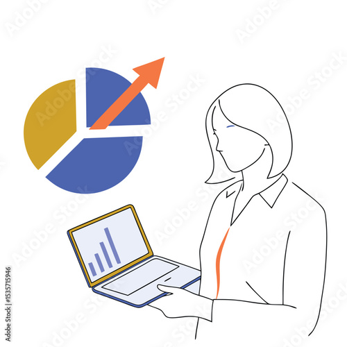 Outlined woman holds laptop displaying bar graph next to increasing pie chart icon