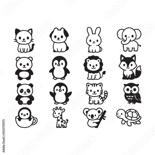 Cute and playful collection of black and white animal illustrations for children's educational designs