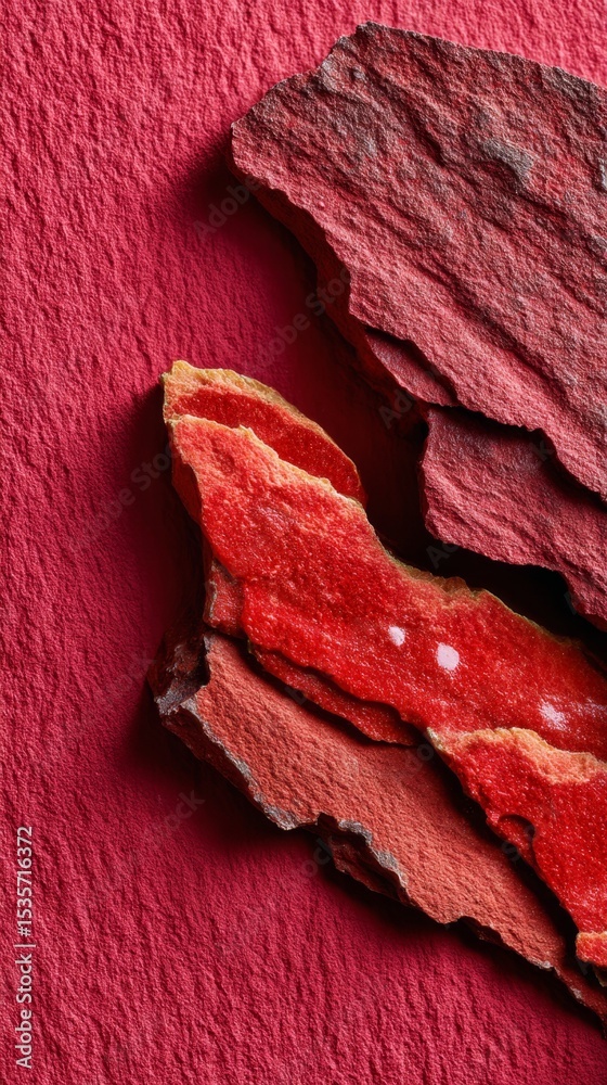 Fototapeta premium Fragmented red sandstone with sharp mineral cuts and raw layered structure in macro texture