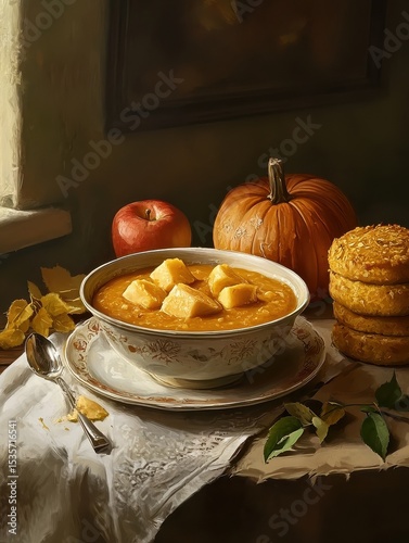 Traditional apple and pumpkin gravy in a ceramic bowl, paired with turnip meg and Woodruff cakes on a dinner table photo