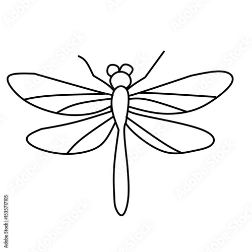A minimalist black and white line drawing of a dragonfly with its four wings spread symmetrically, a slender body, large eyes, and delicate antennae.
