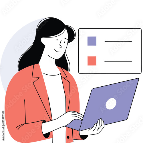 Smiling businesswoman in coral blazer reviews blue and red charts on her laptop