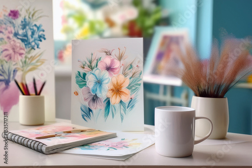 White Empty Blank Coffee Pot Mockup with Flower Drawings
