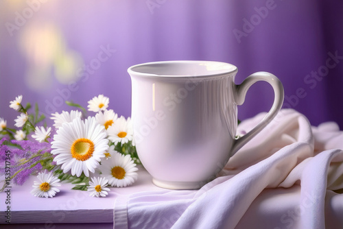 White Empty Blank Coffee Pot Mockup Flowers Purple Scene Fabrics