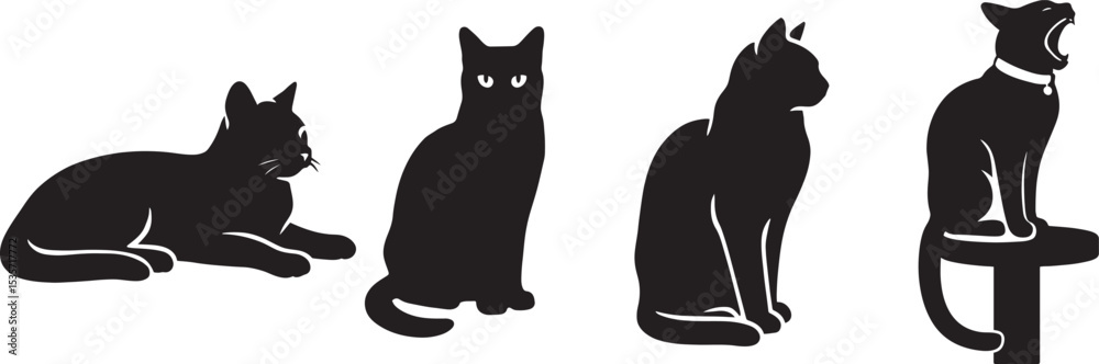 Black cat silhouettes in various poses, Multiple cat shapes for pet design themes