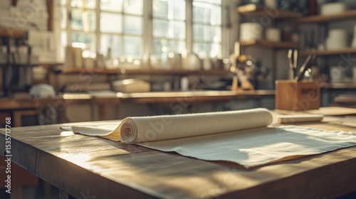 A well-lit art studio workspace featuring a rolled canvas on a wooden table with shelves and art supplies in the blurred background.
