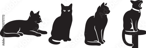 Black cat silhouettes in various poses, Multiple cat shapes for pet design themes