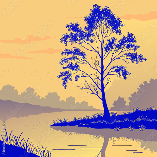 a lonely birch tree is reflected in the river