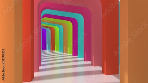 Camera travels through a tunnel formed by arches of different rainbow colors, projecting shadows on the white floor. Loop sequence. 3D Animation