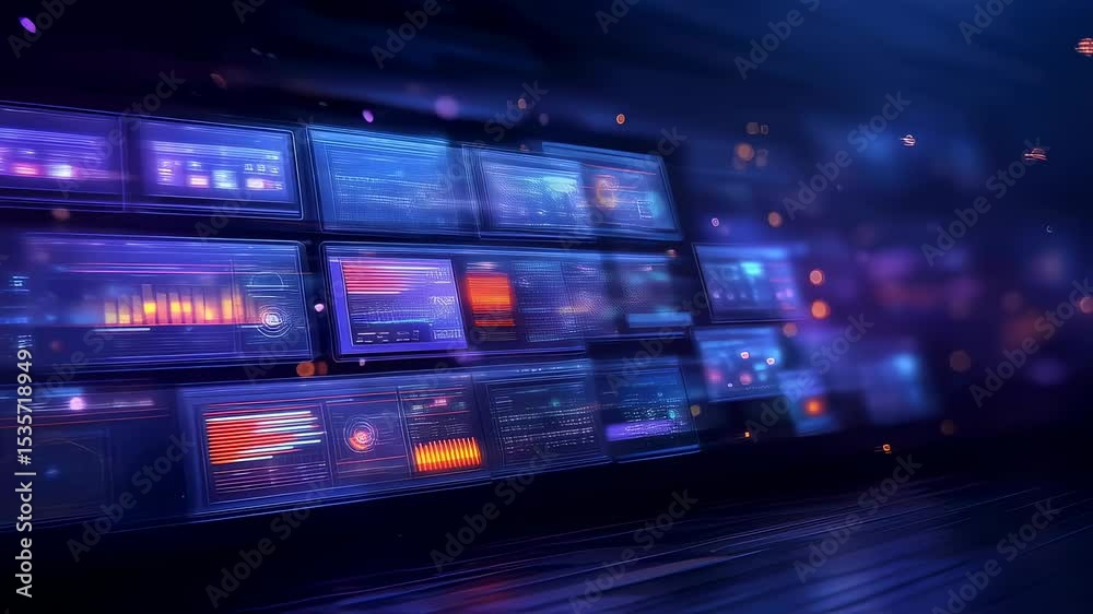 Multiple digital interface screens displaying complex data analytics, graphs, charts with blue and purple color scheme in technological background with blurred motion effect