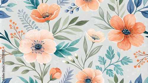 Seamless Watercolor Floral Pattern Peach and Teal Blooms, Botanical Illustration, Soft Color Palette, Floral Design. Floral Pattern, Watercolor Painting
