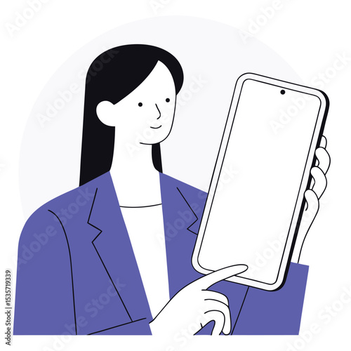 Smiling woman in purple blazer presents a blank digital tablet to the viewer