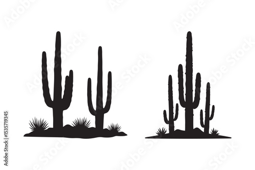 Saguaro Cactus Silhouette Vector Scene Desert Plant Clipart Illustration