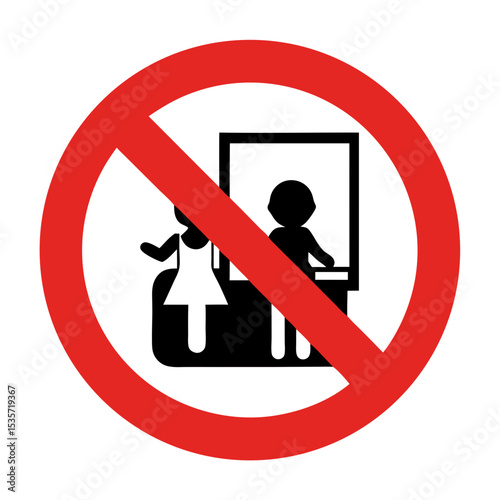 Do not touch equipment icon. Safety regulations symbol with children near prohibited machine. Simple pictogram design for warning signs and industrial safety manuals.
