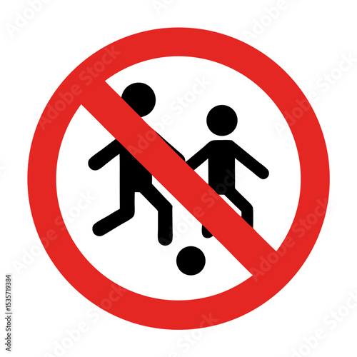 No playing football sign. This prohibition sign clearly indicates no football games allowed. This simple, bold design is perfect for creating a clear and concise icon for public spaces.
