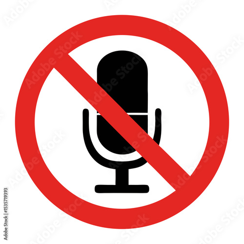No audio recording allowed sign. Red circle with microphone icon crossed out. Simple prohibition symbol for public spaces, presentations, or meetings.
