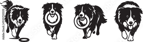 Border collie running with ring toy action sketch, Dog playing motion sequence art