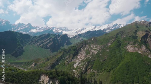 Beautiful view of Himalaya mountain range as seen from Beas Kund Trek in Himachal Pradesh, India. Mountains and clouds, summer landscape. Travel and holidays background.