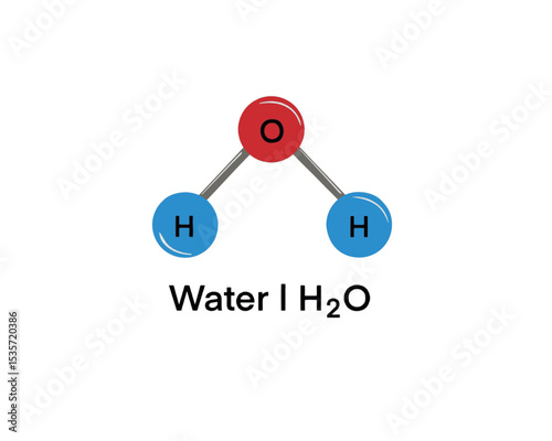 Vector ball-and-stick model model of chemical substance. Icon of water molecule H2O consisting of oxygen and hydrogen. Structural formula suitable for education isolated on a white background