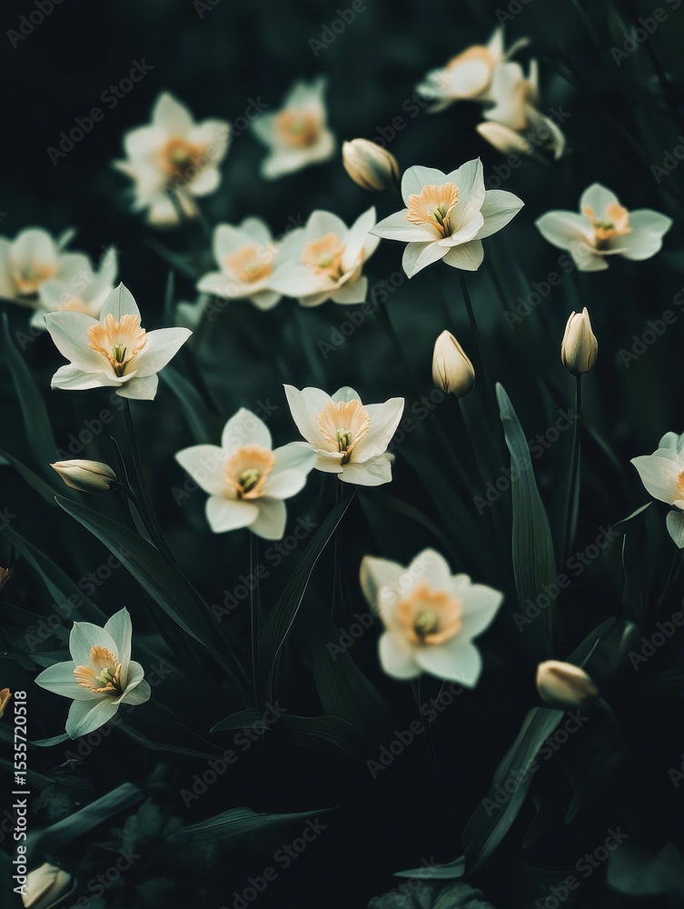 Obraz premium Soft-light yellow flowers in a dark garden