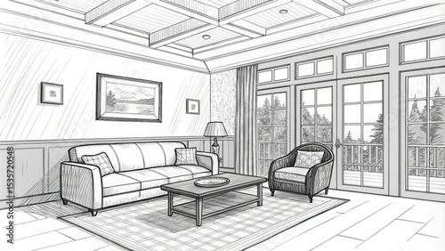 Wallpaper Mural Sketch Living Room Design, Sofa, Chair, Window View, Hand-drawn Interior, Room Concept Interior Design, Sketching Torontodigital.ca