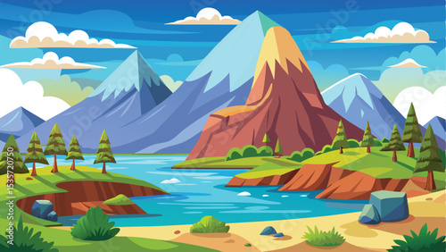 Cartoon Landscape Featuring Mountains, Water, Trees, and Greenery, Perfect for NatureThemed Design