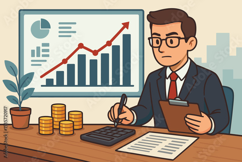 Financial analyst or accountant working on a business report. Man at a desk with a calculator and growth chart. Concept of investment, data analysis, economy, profit, and planning.
