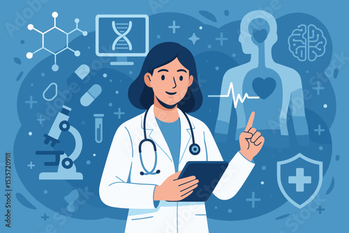 Healthcare technology and medical research vector concept. Female doctor with tablet and science icons like DNA, microscope, brain. Future of medicine, diagnosis and treatment innovation.