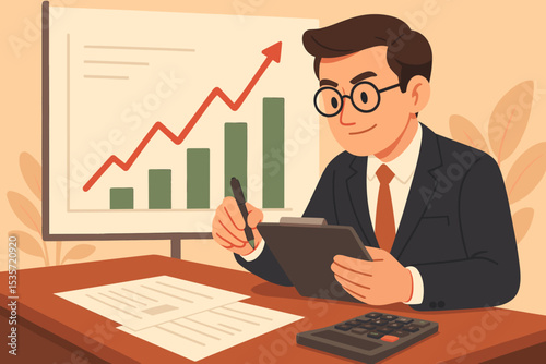 Businessman financial analyst at work. Manager reviewing business report with growth chart. Concept investment success. Market data analysis. Economic strategy. Accounting.