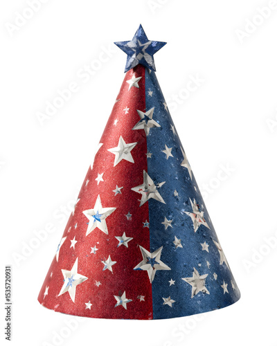 red white blue paper party hat with star print. PNG isolated on a transparent background for patriotic independence day celebration.