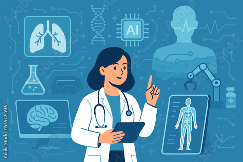 Artificial intelligence in healthcare concept. Female doctor with tablet showing medical technology, AI chip, robotic surgery, and DNA research. Digital health and future diagnostics.