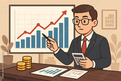Cartoon financial analyst businessman analyzing data growth chart. Concept of business strategy, investment, and economy. Accountant manager calculating profit and working on a report.