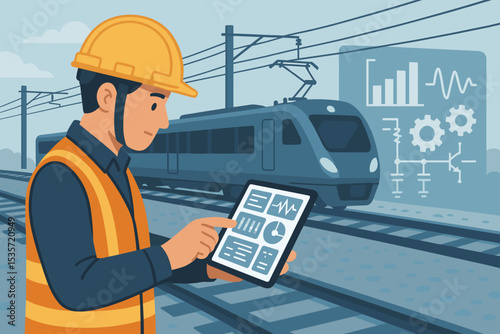 Engineer with tablet analyzing railway system data. Train maintenance, inspection, and diagnostics concept. Smart transport technology and infrastructure control illustration.