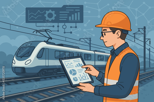 Railway engineer analyzing train data on a tablet. Concept for smart transportation, infrastructure maintenance, and digital system monitoring. Vector illustration of a rail worker.