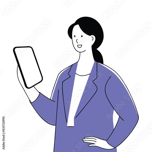 Smiling darkhaired Asian woman in blue blazer holds up phone, casually standing