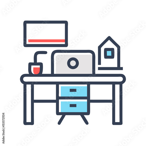 Colorful Home Office Desk Setup: Productivity Workspace Icon
