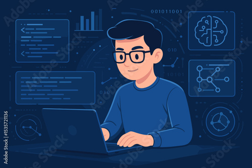 Futuristic software development concept. Programmer or data scientist working on laptop with UI dashboard. Man coding with data analysis graphs, AI brain, and neural network icons.
